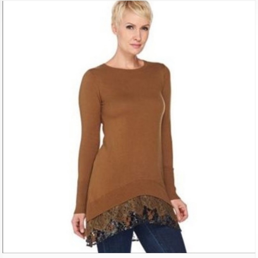 LOGO LORI GOLDSTEIN Cashmere Blend Sweater Deep Mustard Lace Layered Womens XL